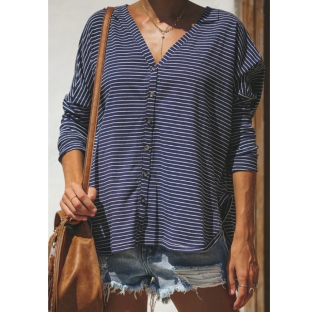 BNDI Pinstripes Pattern V-Neck Long Sleeve Curved Hem Loose Navy Shirt Size L